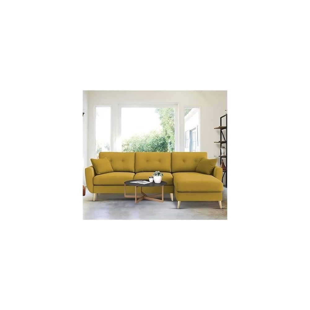 Royal Azure Elegance 4 Seater L-Shaped Living Room Sofa In Plush Velvet Fabric (RHS, Yellow Fabric)