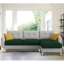 Raj Furniture Royal Azure Elegance 4 Seater L-Shaped Living Room Sofa In Plush Velvet Fabric, RHS, Green Grey Fabric