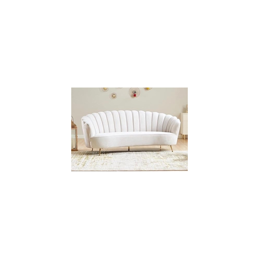 Raj Furniture Flower Elegant Style Velvet Fabric Upholstered 3 Seater Living Room Sofa, White
