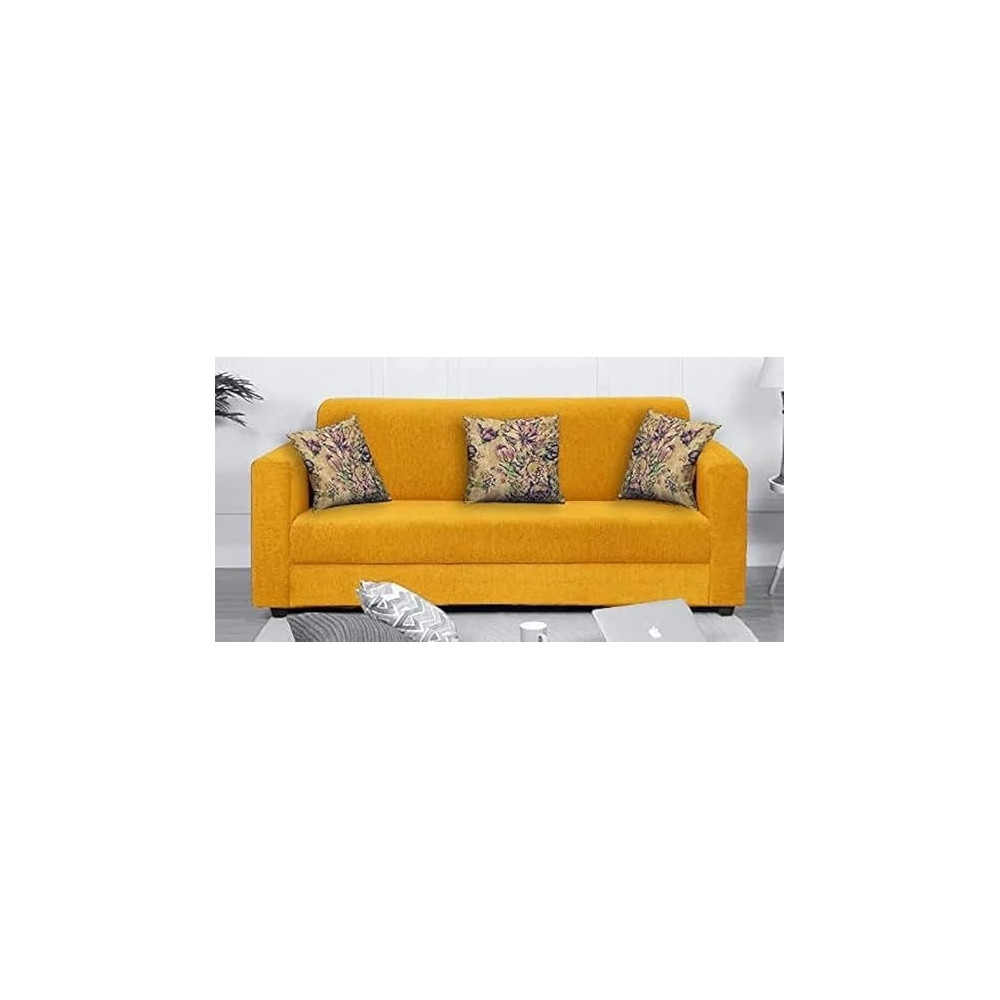 Raj Furniture Wooden 3 Seater Sofa For Living Room, Yellow Fabric