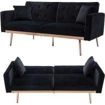 Raj Furniture Light Luxury Velvet Convertible Modern Sofa Bed, Black