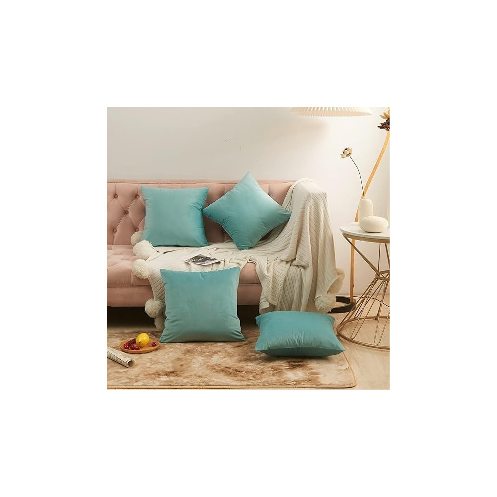Raj Furniture Velvet Decorative Throw Pillow Covers Set Of 4, Aqua Green