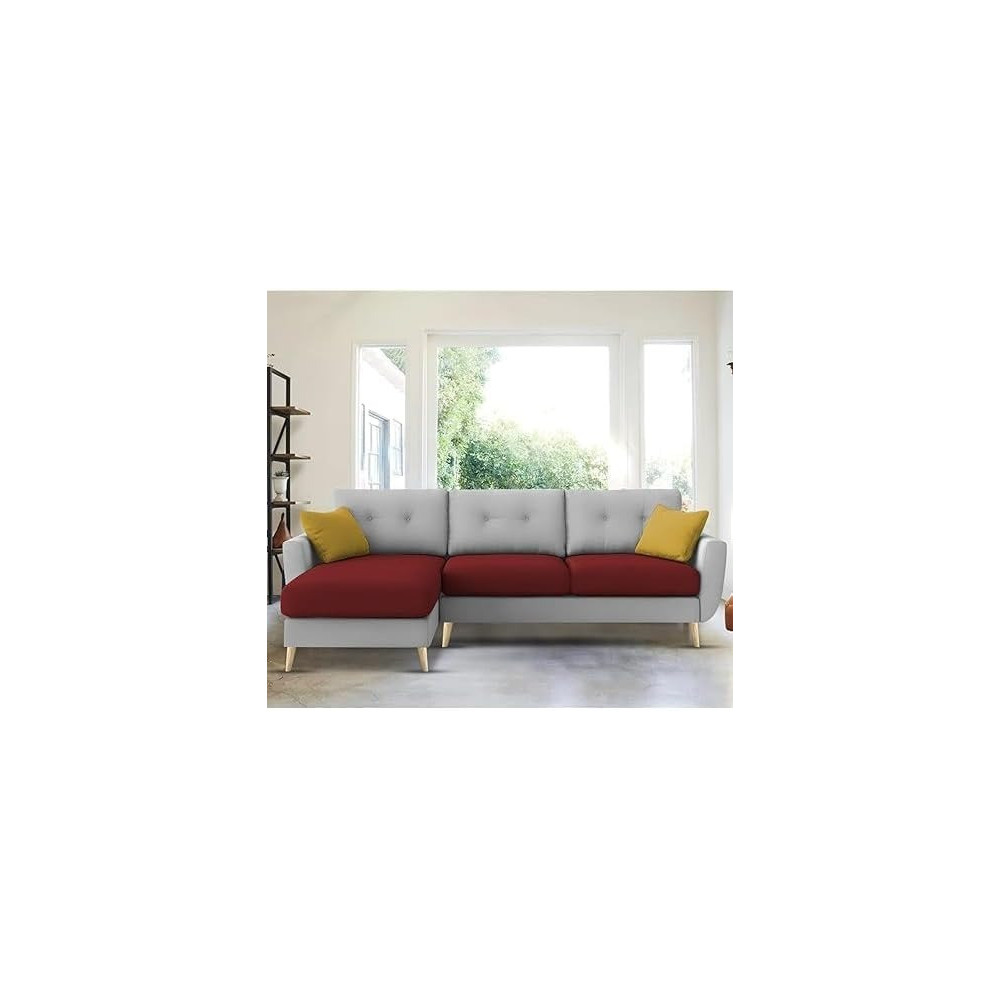 Raj Furniture 4 Seater L-Shaped Living Room Sofa In Plush Velvet Fabric, Lhs, Maroon/Grey Fabric