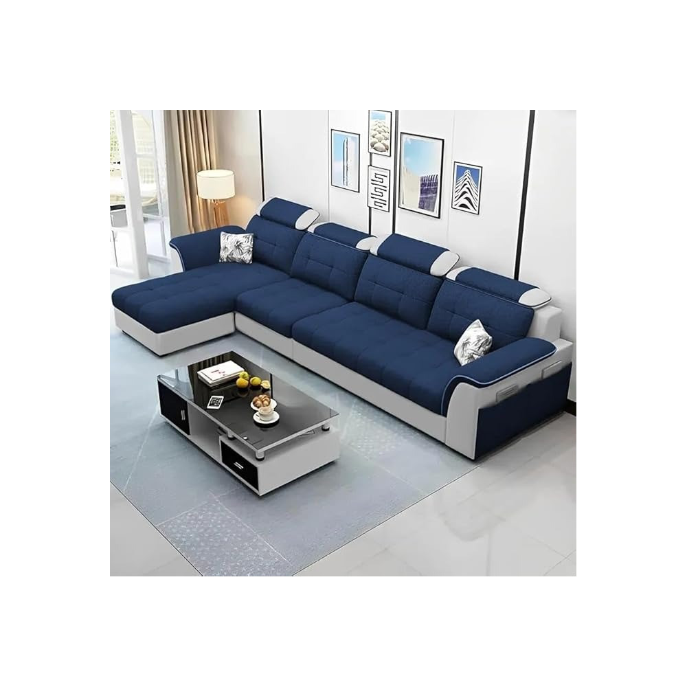 Raj Furniture Luxury L Shape Lhs Sofa For Living Room In Premium Fabric, Blue/Grey