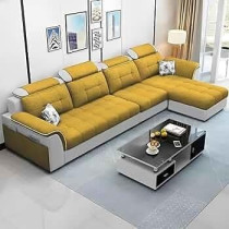 Ripple Furniture Luxury Rhs L Shape Sofa Set For Living Room In Premium Fabric, Yellow/Grey