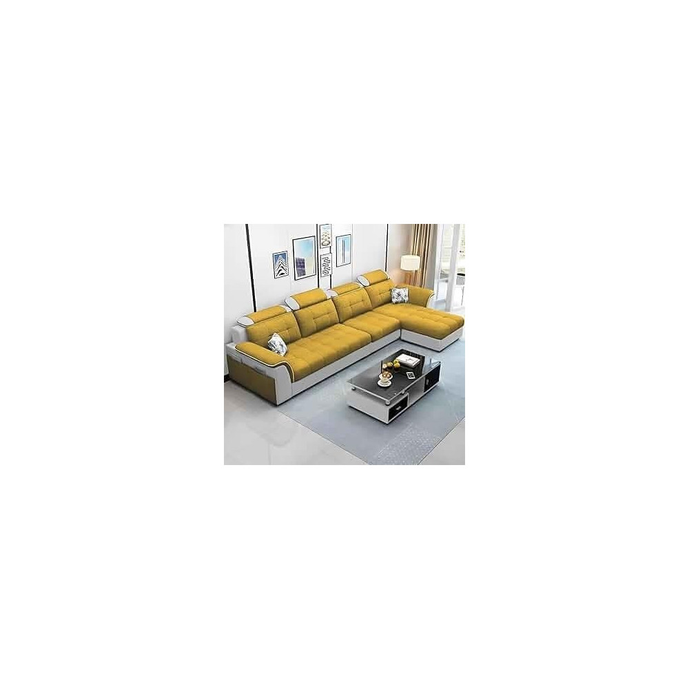 Ripple Furniture Luxury Rhs L Shape Sofa Set For Living Room In Premium Fabric, Yellow/Grey