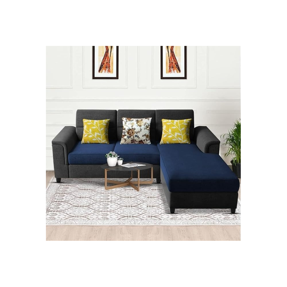 Raj Furniture Elegant 4 Seater L Shape Sofa Set For Living Room, Black/Blue