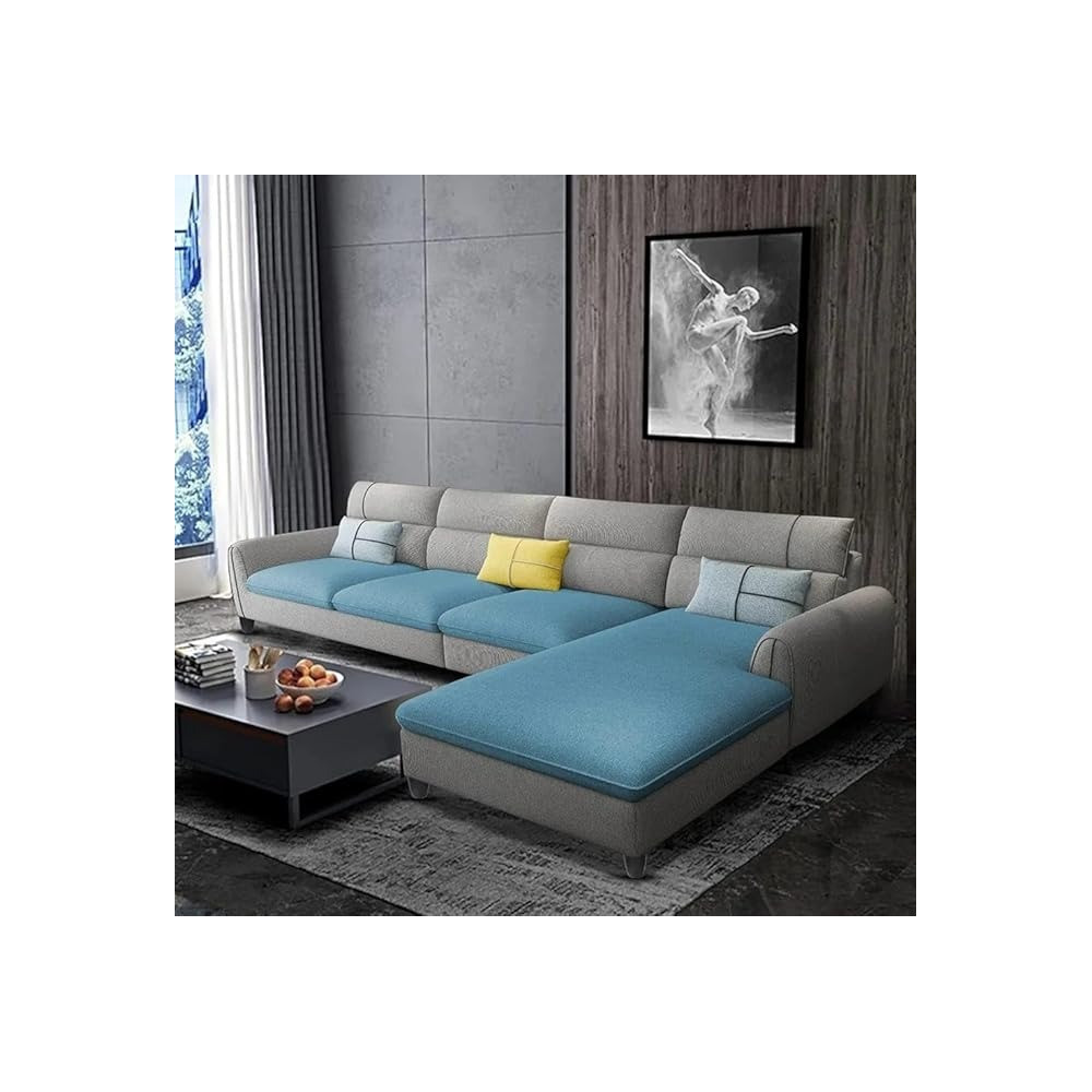 Raj Furniture Rhs 6 Seater L Shape Sofa Set For Living Room, Sky Blue/Grey