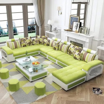 Ripple Furniture U Shape 9 Seater Modern Interchangeable Fabric Sofa Set With 4 Puffy, Right, Green