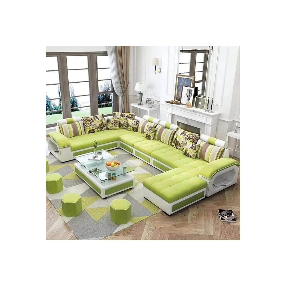 Ripple Furniture U Shape 9 Seater Modern Interchangeable Fabric Sofa Set With 4 Puffy, Right, Green