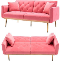 Tita-Dong Velvet Sofa Convertible Sleeper Sofa, Modern Tufted Sofa Bed With 2 Throw Pillow And Gold Plating Base 5 Leg, Adjustable Folding Accent Sofa Couch For Living Room, Peach