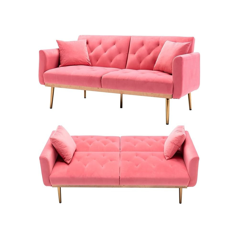 Tita-Dong Velvet Sofa Convertible Sleeper Sofa, Modern Tufted Sofa Bed With 2 Throw Pillow And Gold Plating Base 5 Leg, Adjustable Folding Accent Sofa Couch For Living Room, Peach