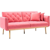 Tita-Dong Velvet Sofa Convertible Sleeper Sofa, Modern Tufted Sofa Bed With 2 Throw Pillow And Gold Plating Base 5 Leg, Adjustable Folding Accent Sofa Couch For Living Room, Peach