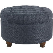 Raj Furniture Home Decor Large Button Tufted Woven Round Storage Ottoman With Storage For Living Room And Bedroom, Navy Blue, 25 Inch D X 25 Inch W X 15 Inch H