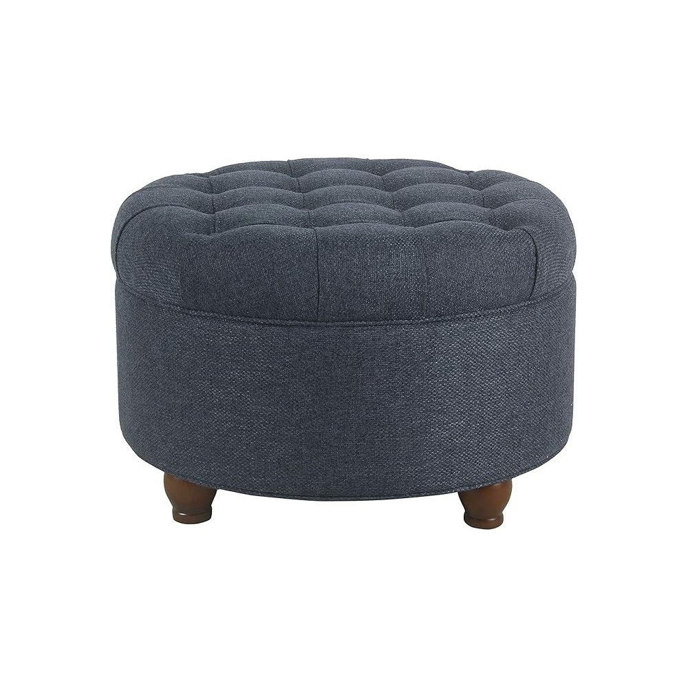 Raj Furniture Home Decor Large Button Tufted Woven Round Storage Ottoman With Storage For Living Room And Bedroom, Navy Blue, 25 Inch D X 25 Inch W X 15 Inch H