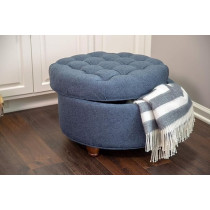 Raj Furniture Home Decor Large Button Tufted Woven Round Storage Ottoman With Storage For Living Room And Bedroom, Navy Blue, 25 Inch D X 25 Inch W X 15 Inch H