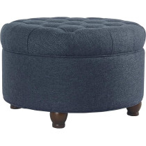 Raj Furniture Home Decor Large Button Tufted Woven Round Storage Ottoman With Storage For Living Room And Bedroom, Navy Blue, 25 Inch D X 25 Inch W X 15 Inch H