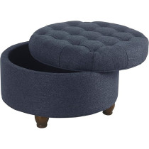 Raj Furniture Home Decor Large Button Tufted Woven Round Storage Ottoman With Storage For Living Room And Bedroom, Navy Blue, 25 Inch D X 25 Inch W X 15 Inch H