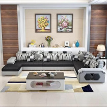 Ripple Furniture U Shape 9 Seater Modern Interchangeable Fabric Sofa Set With 4 Puffy, Left, Black And Grey
