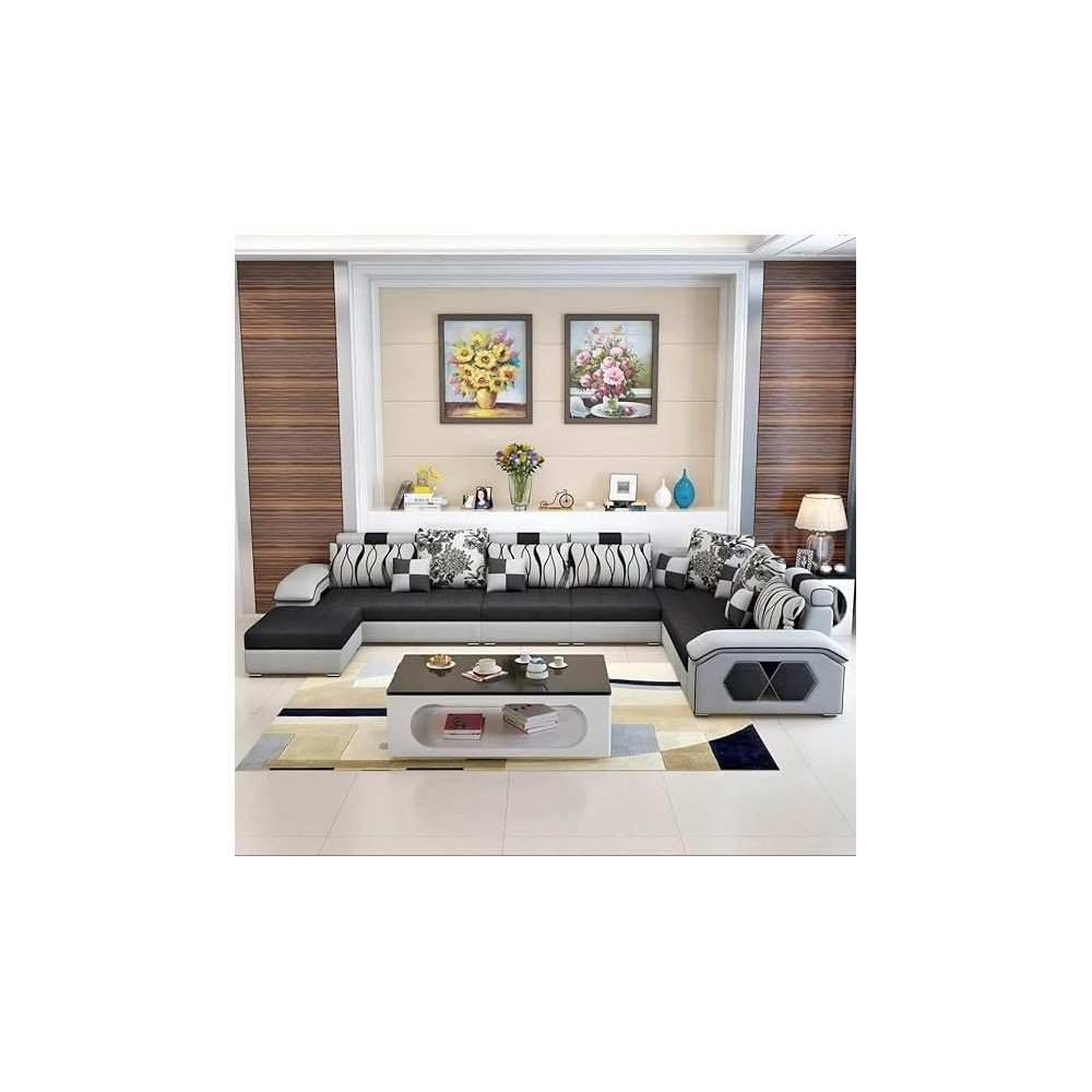 Ripple Furniture U Shape 9 Seater Modern Interchangeable Fabric Sofa Set With 4 Puffy, Left, Black And Grey