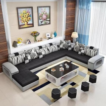 Ripple Furniture U Shape 9 Seater Modern Interchangeable Fabric Sofa Set With 4 Puffy, Left, Black And Grey