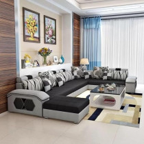 Ripple Furniture U Shape 9 Seater Modern Interchangeable Fabric Sofa Set With 4 Puffy, Left, Black And Grey