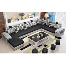 Ripple Furniture U Shape 9 Seater Modern Interchangeable Fabric Sofa Set With 4 Puffy, Left, Black And Grey