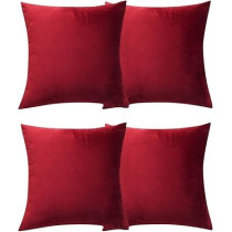 Ripple Furniture Pack Of 4 Velvet Decorative Throw Pillow Covers, 18 x 18 Inches, Wine Red