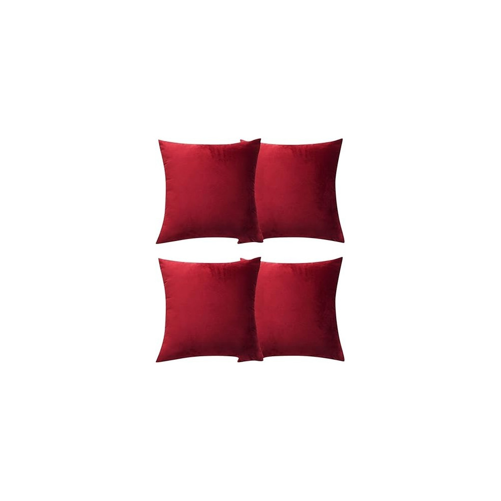Ripple Furniture Pack Of 4 Velvet Decorative Throw Pillow Covers, 18 x 18 Inches, Wine Red
