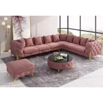 Raj Furniture Luxury Traditional Velvet L Shape Chesterfield Sofa Set, Living Room Furniture With Golden Legs, Brown