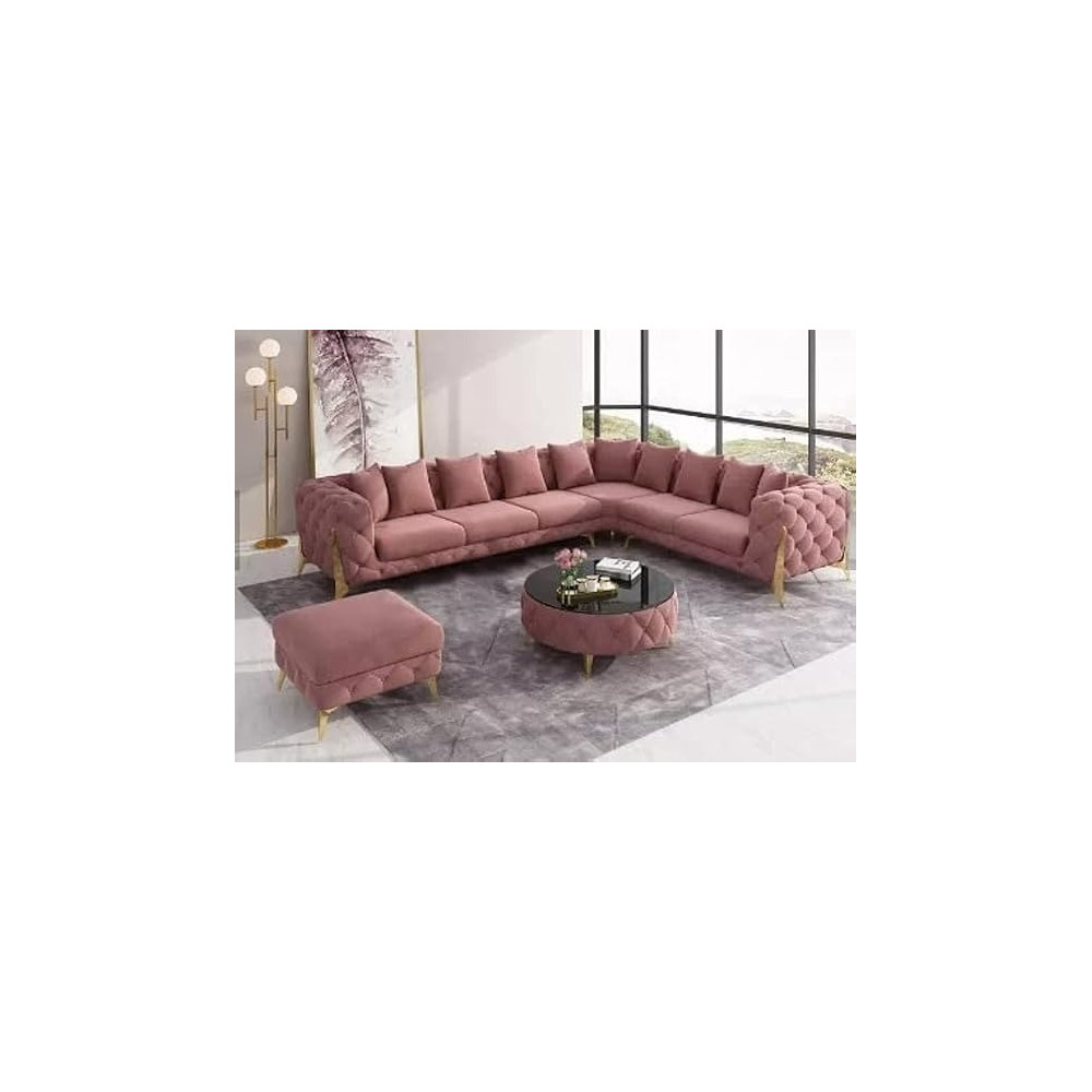 Raj Furniture Luxury Traditional Velvet L Shape Chesterfield Sofa Set, Living Room Furniture With Golden Legs, Brown