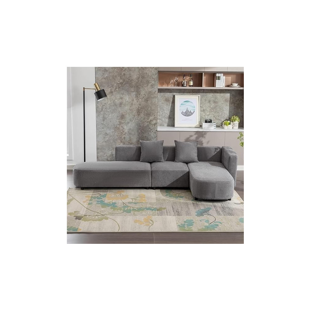 Ripple Furniture 3 Piece Living Room Sectional Sofa Set And 2 Pillows, Grey