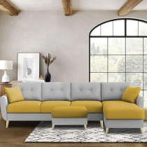 Ripple Furniture Luxury 6 Seater L Shape Sofa Set For Living Room In Premium Fabric Rhs, Yellow Grey