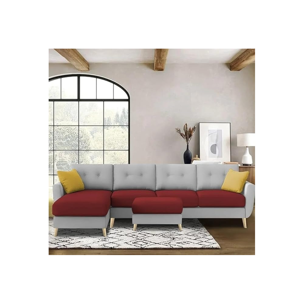 Raj Furniture Luxury 6 Seater L Shape Sofa Set For Living Room In Premium Fabric Lhs, Maroon Grey