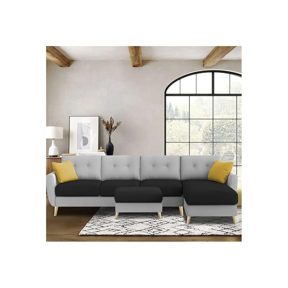 Ripple Furniture Luxury 6 Seater L Shape Sofa Set For Living Room In Premium Fabric Rhs, Black Grey