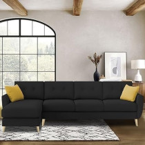 Raj Furniture L-Shaped Sofa Set 6 Seater Lhs With Premium Velvet Upholstery, Black Fabric