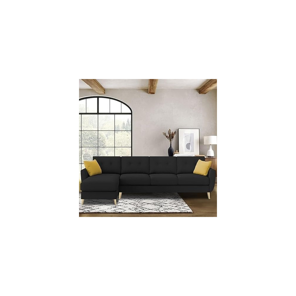 Raj Furniture L-Shaped Sofa Set 6 Seater Lhs With Premium Velvet Upholstery, Black Fabric