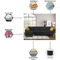 Raj Furniture L-Shaped Sofa Set 6 Seater Lhs With Premium Velvet Upholstery, Black Fabric