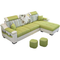Raj Furniture L Shape Sofa 3 Seat Linen Living Room Sofa Set Home Furniture Modern Design Frame Soft Sponge Shape Home Furniture, Foot Ped And 2 Cloth Stool, Green