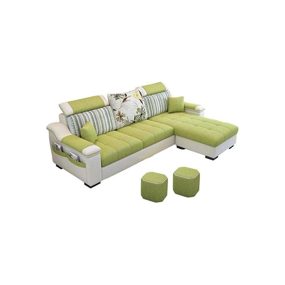 Raj Furniture L Shape Sofa 3 Seat Linen Living Room Sofa Set Home Furniture Modern Design Frame Soft Sponge Shape Home Furniture, Foot Ped And 2 Cloth Stool, Green