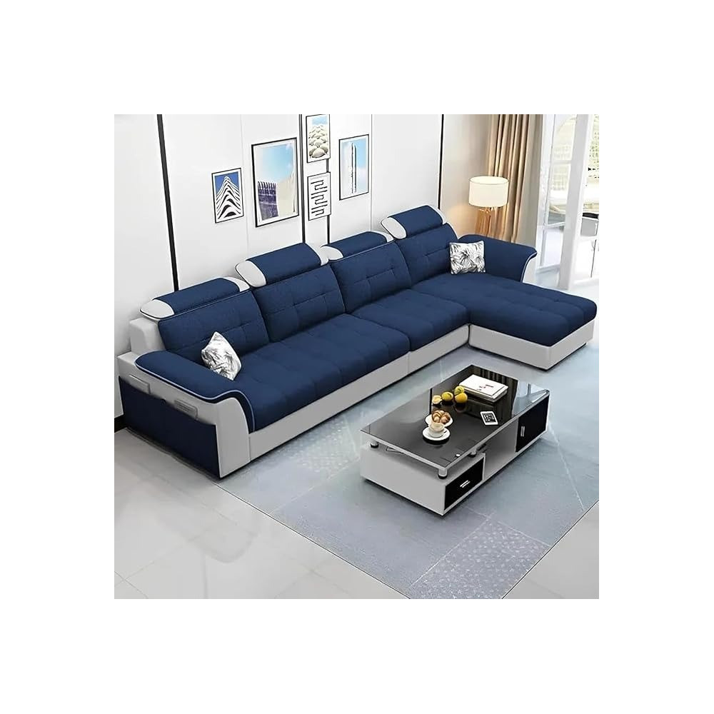 Ripple Furniture Luxury Rhs L Shape Sofa Set For Living Room In Premium Fabric, Blue/Grey
