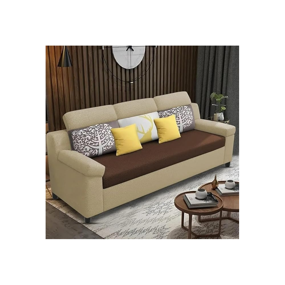 Raj Furniture Luxury 3 Seater Sofa For Living Room In Premium Fabric, Cream/Brown