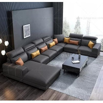 Raj Furniture Modern Couch U Shaped Faux Leather Living Room Furniture Chaise Lounge Sectional 7 Seater Sofa, Black
