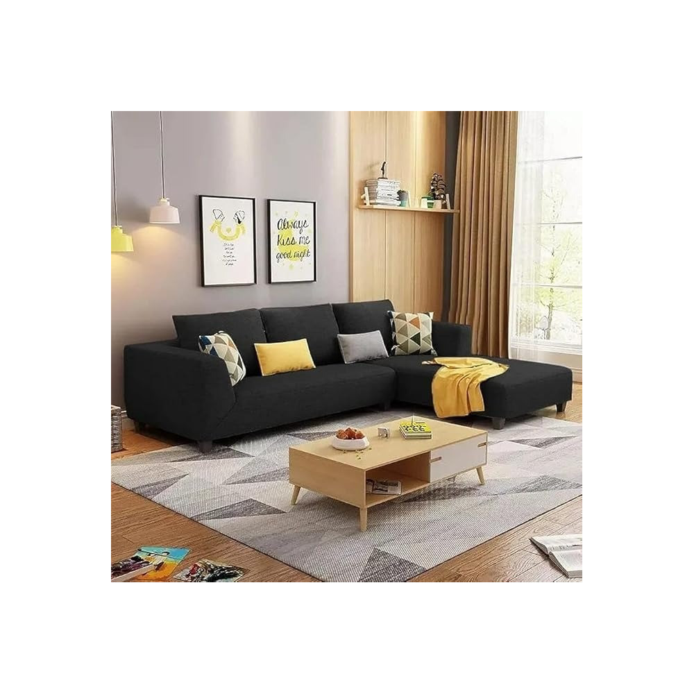 Raj Furniture 4 Seater L Shape Sofa Set For Living Room, Black Fabric