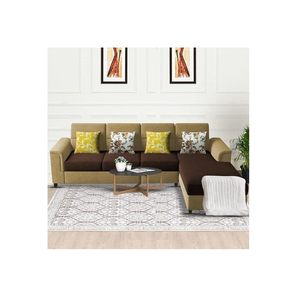 Raj Furniture Harmony 6-Seater L-Shape Sofa Set For Living Room, Cream Brown