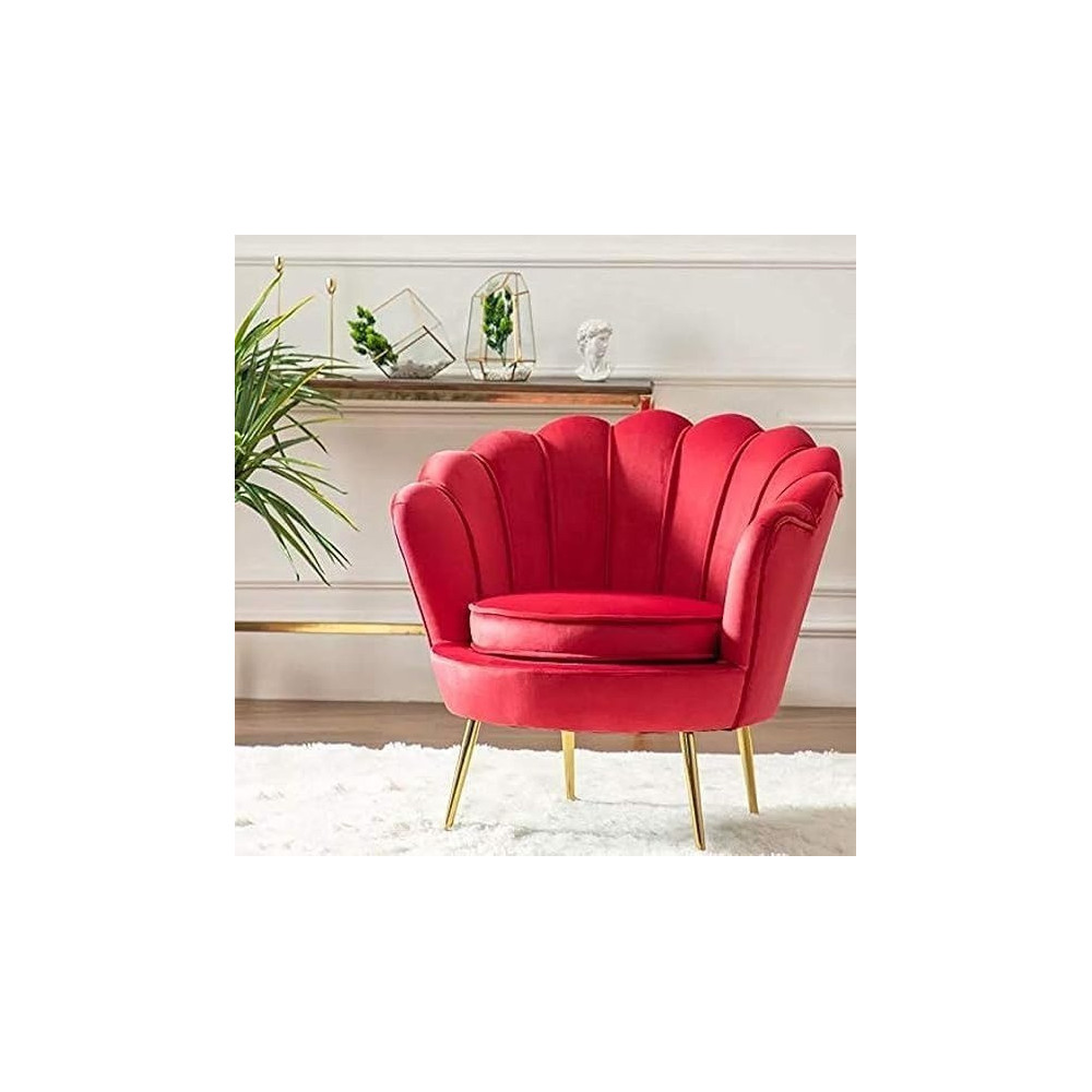 Raj Furniture Round Shaped Flower Chair Mettle Legs, Velvet, Red