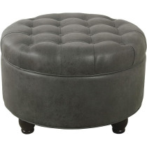 Homepop Home Decor Large Button Tufted Faux Leather Round Storage Ottoman With Storage For Living Room And Bedroom, Gray