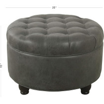 Homepop Home Decor Large Button Tufted Faux Leather Round Storage Ottoman With Storage For Living Room And Bedroom, Gray