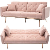 Raj Furniture Velvet Sofa Convertible Sleeper Sofa, Modern Tufted Sofa Bed With 2 Throw Pillow And Gold Plating Base 5 Leg, Adjustable Folding Accent Sofa Couch For Living Room, Pink