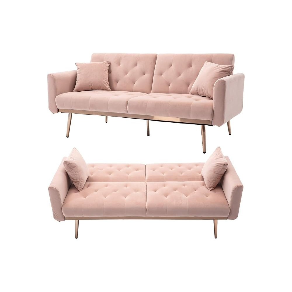 Raj Furniture Velvet Sofa Convertible Sleeper Sofa, Modern Tufted Sofa Bed With 2 Throw Pillow And Gold Plating Base 5 Leg, Adjustable Folding Accent Sofa Couch For Living Room, Pink